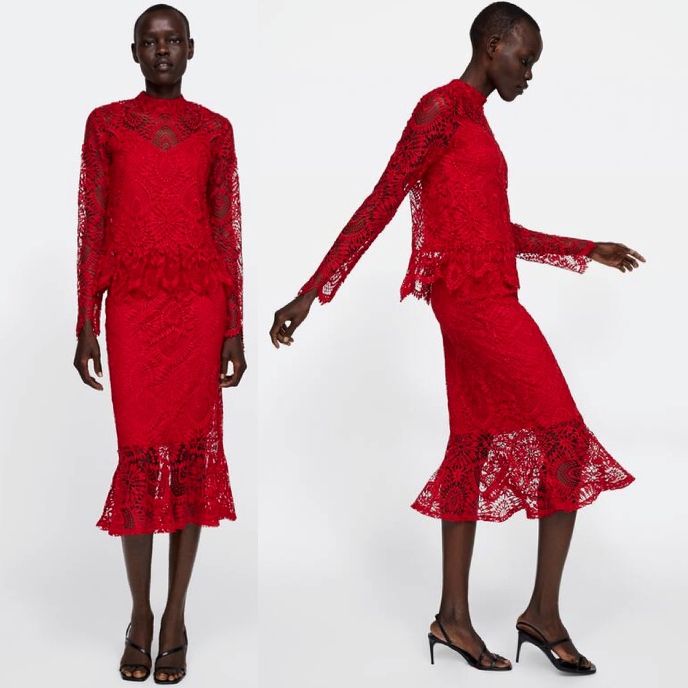 Zara Lace Ruffle Pencil Skirt Red Color Size M